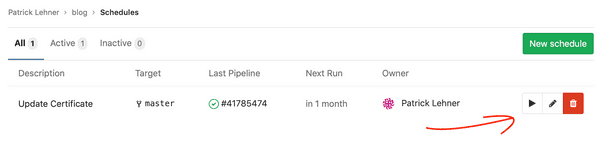 Screenshot of GitLab CI scheduled pipelines list