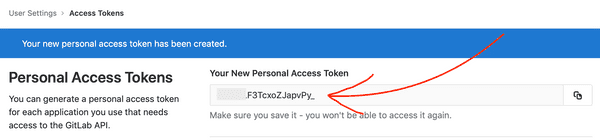 Screenshot of success message after creating a Personal Access Token